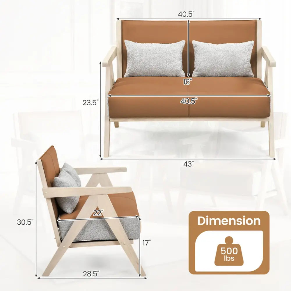 Loveseat Sofa for Small Spaces with Throw Pillows Rubber Wood Frame Padded Seat-Brown - Brown - Sofas & Loveseats