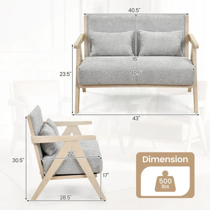 Loveseat Sofa for Small Spaces with Throw Pillows Rubber Wood Frame Padded Seat-Gray - Gray - Sofas & Loveseats
