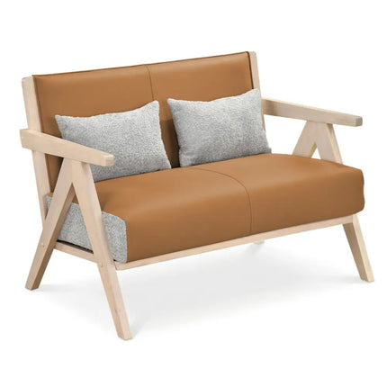 Loveseat Sofa for Small Spaces with Throw Pillows Rubber Wood Frame Padded Seat-Brown - Brown - Sofas & Loveseats