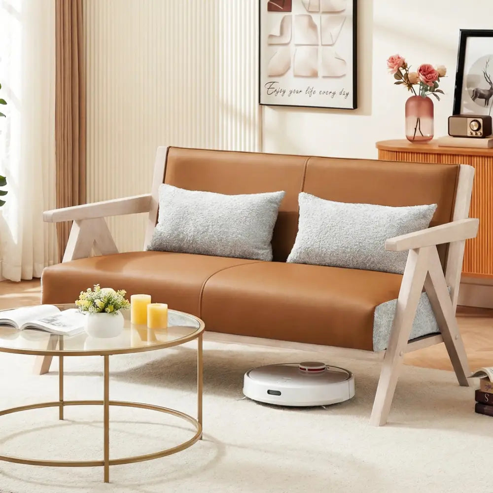 Loveseat Sofa for Small Spaces with Throw Pillows Rubber Wood Frame Padded Seat-Brown - Brown - Sofas & Loveseats