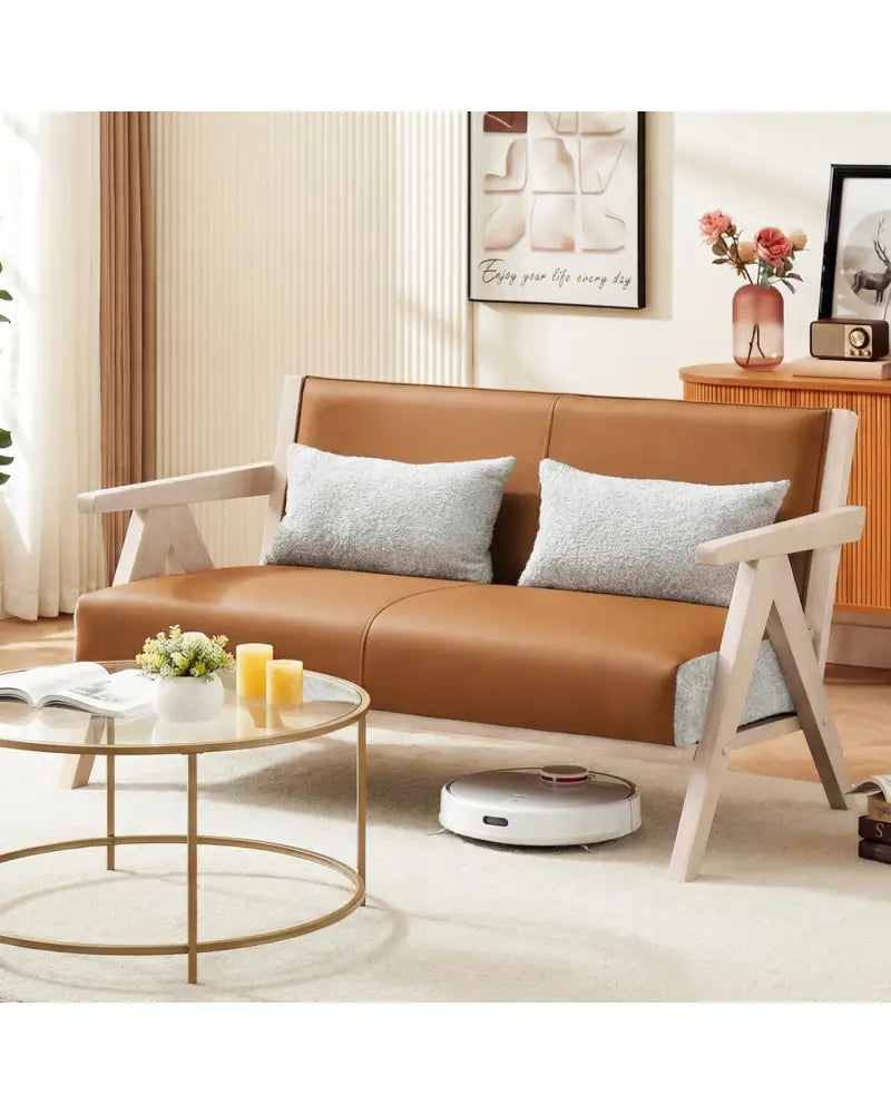 Loveseat Sofa for Small Spaces with Throw Pillows Rubber Wood Frame Padded Seat-Brown - Brown - Sofas & Loveseats