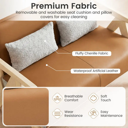 Loveseat Sofa for Small Spaces with Throw Pillows Rubber Wood Frame Padded Seat-Brown - Brown - Sofas & Loveseats