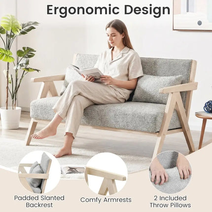 Loveseat Sofa for Small Spaces with Throw Pillows Rubber Wood Frame Padded Seat-Gray - Gray - Sofas & Loveseats