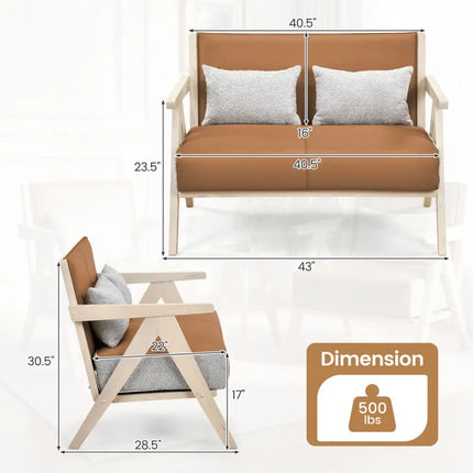 Loveseat Sofa for Small Spaces with Throw Pillows Rubber Wood Frame Padded Seat-Brown - Brown - Sofas & Loveseats