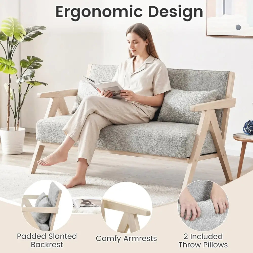 Loveseat Sofa for Small Spaces with Throw Pillows Rubber Wood Frame Padded Seat-Gray - Gray - Sofas & Loveseats