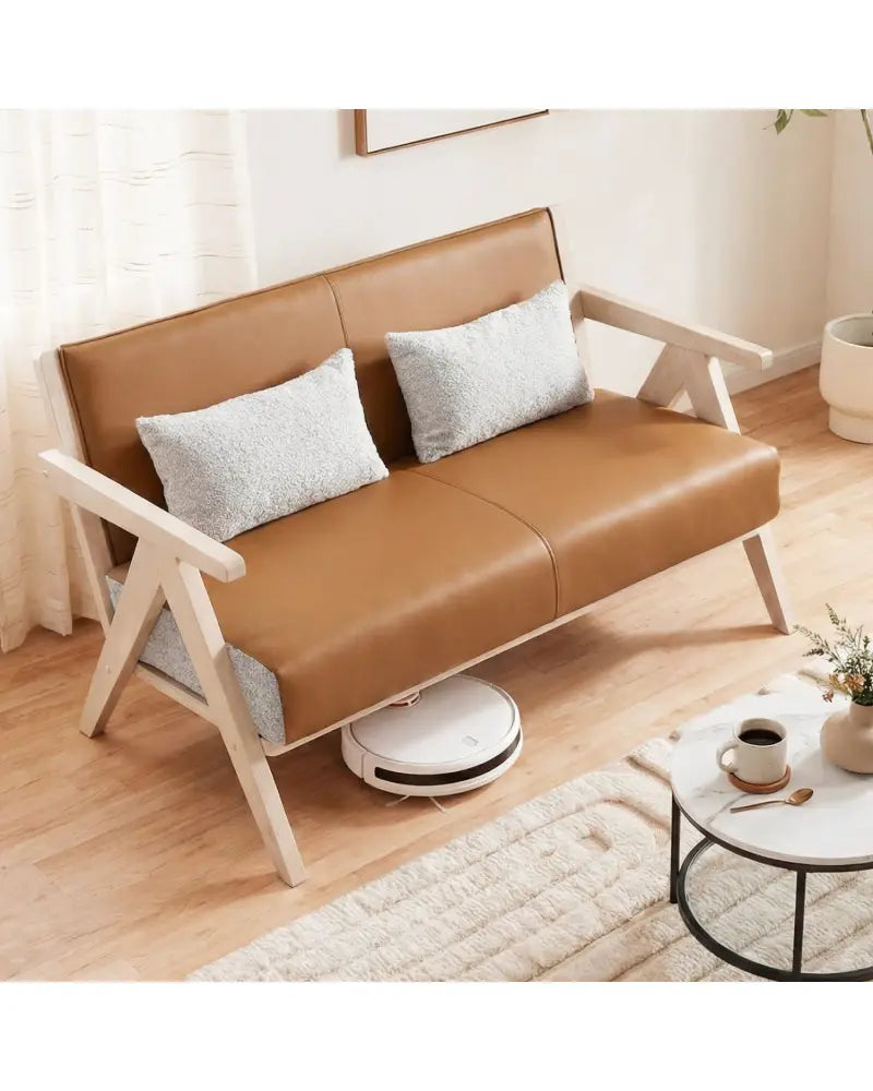 Loveseat Sofa for Small Spaces with Throw Pillows Rubber Wood Frame Padded Seat-Brown - Brown - Sofas & Loveseats
