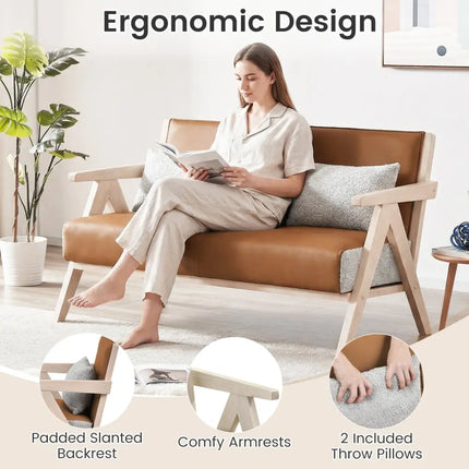 Loveseat Sofa for Small Spaces with Throw Pillows Rubber Wood Frame Padded Seat-Brown - Brown - Sofas & Loveseats
