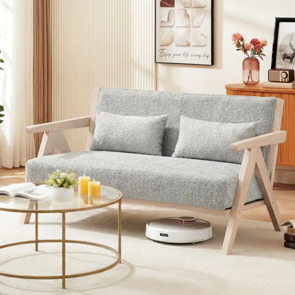 Loveseat Sofa for Small Spaces with Throw Pillows Rubber Wood Frame Padded Seat-Gray - Gray - Sofas & Loveseats