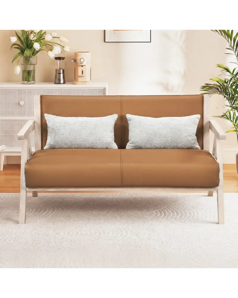 Loveseat Sofa for Small Spaces with Throw Pillows Rubber Wood Frame Padded Seat-Brown - Brown - Sofas & Loveseats