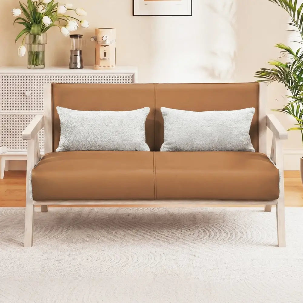 Loveseat Sofa for Small Spaces with Throw Pillows Rubber Wood Frame Padded Seat-Brown - Brown - Sofas & Loveseats