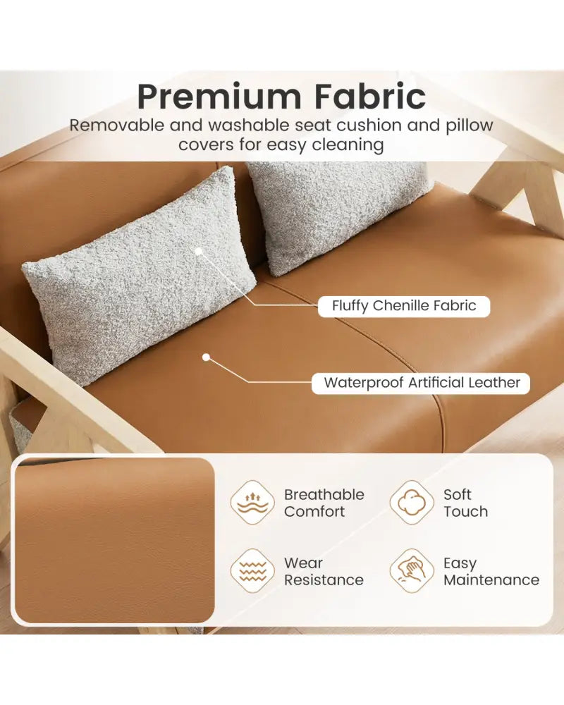 Loveseat Sofa for Small Spaces with Throw Pillows Rubber Wood Frame Padded Seat-Brown - Brown - Sofas & Loveseats