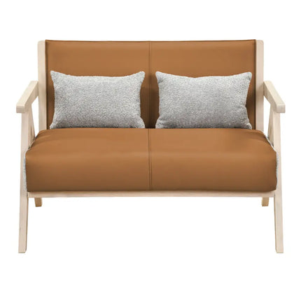 Loveseat Sofa for Small Spaces with Throw Pillows Rubber Wood Frame Padded Seat-Brown - Brown - Sofas & Loveseats