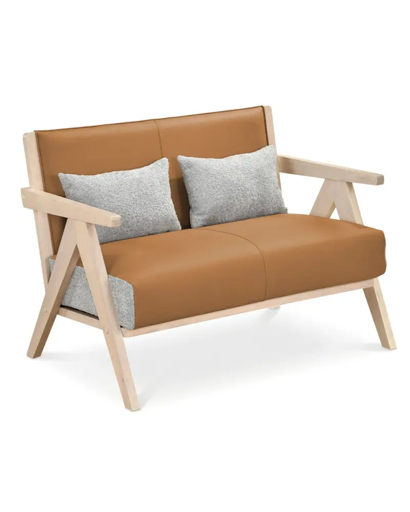 Loveseat Sofa for Small Spaces with Throw Pillows Rubber Wood Frame Padded Seat-Brown - Brown - Sofas & Loveseats