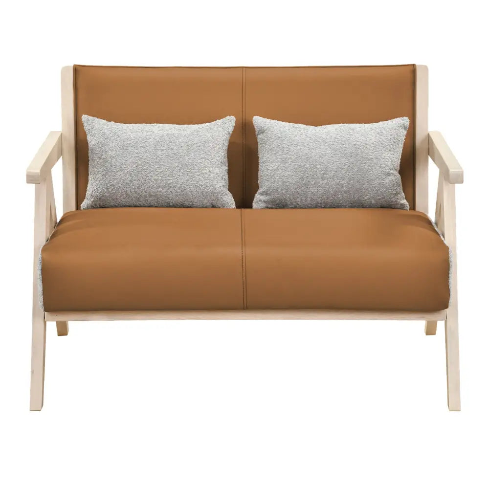 Loveseat Sofa for Small Spaces with Throw Pillows Rubber Wood Frame Padded Seat-Brown - Brown - Sofas & Loveseats