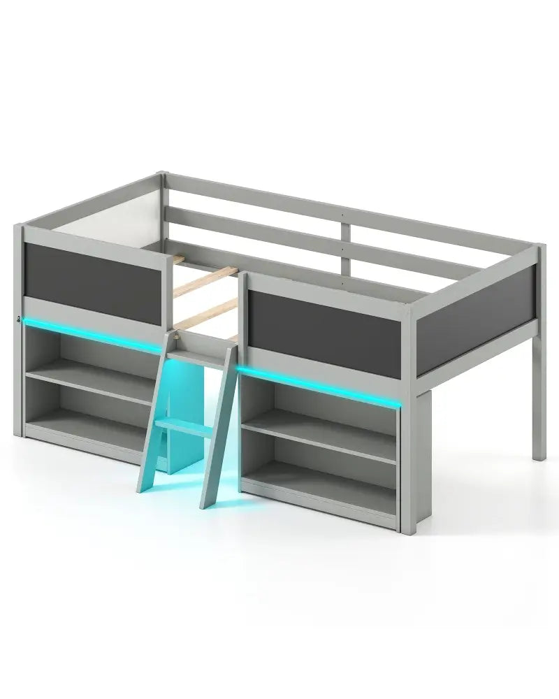 Low Loft Bed with LED Lights Kid’s Cabin Bed with Bookcases-Gray - Gray - Simple Bed Frame