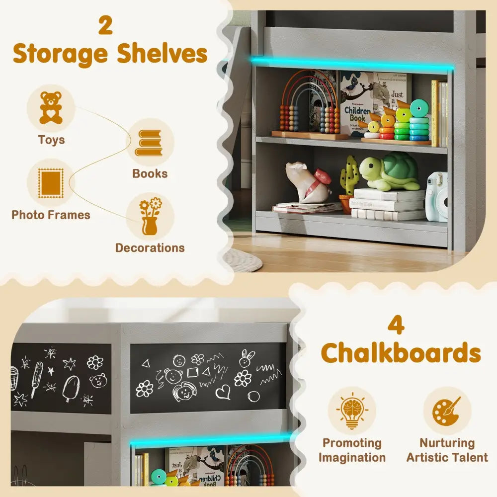 Low Loft Bed with LED Lights Kid’s Cabin Bed with Bookcases-Gray - Gray - Simple Bed Frame