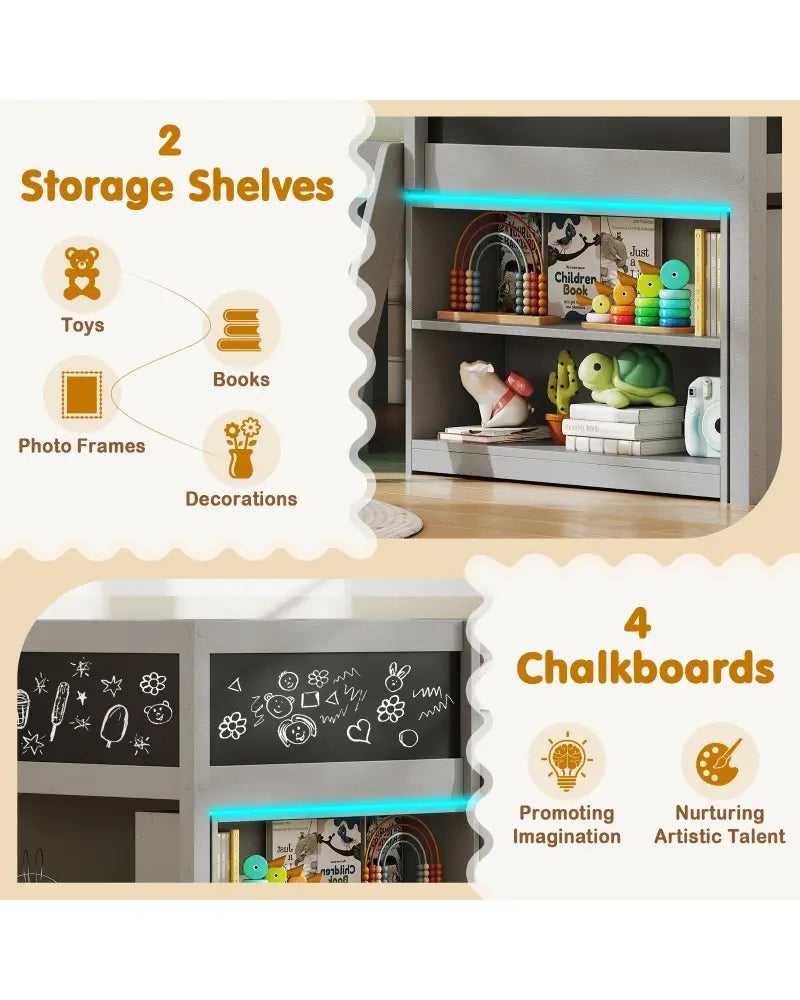 Low Loft Bed with LED Lights Kid’s Cabin Bed with Bookcases-Gray - Gray - Simple Bed Frame