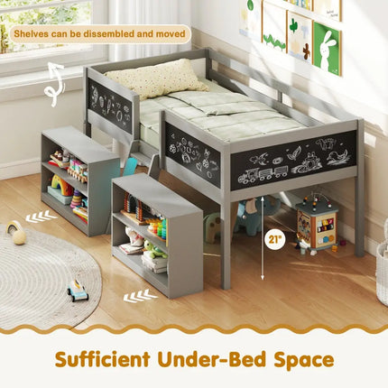 Low Loft Bed with LED Lights Kid’s Cabin Bed with Bookcases-Gray - Gray - Simple Bed Frame