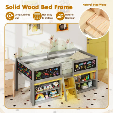 Low Loft Bed with LED Lights Kid’s Cabin Bed with Bookcases-Gray - Gray - Simple Bed Frame