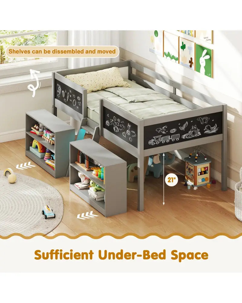 Low Loft Bed with LED Lights Kid’s Cabin Bed with Bookcases-Gray - Gray - Simple Bed Frame