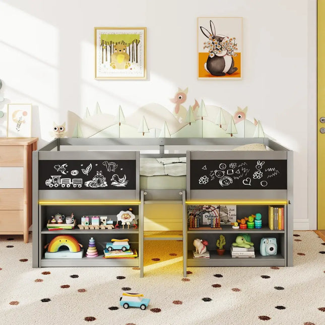 Low Loft Bed with LED Lights Kid’s Cabin Bed with Bookcases-Gray - Gray - Simple Bed Frame