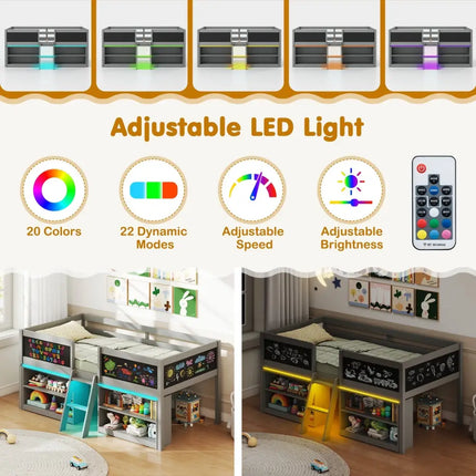 Low Loft Bed with LED Lights Kid’s Cabin Bed with Bookcases-Gray - Gray - Simple Bed Frame