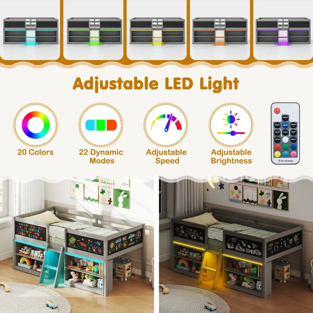 Low Loft Bed with LED Lights Kid’s Cabin Bed with Bookcases-Gray - Gray - Simple Bed Frame