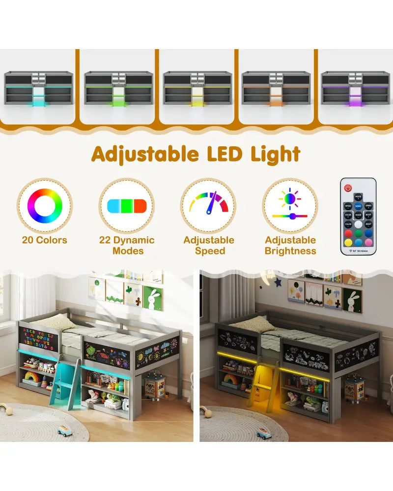 Low Loft Bed with LED Lights Kid’s Cabin Bed with Bookcases-Gray - Gray - Simple Bed Frame