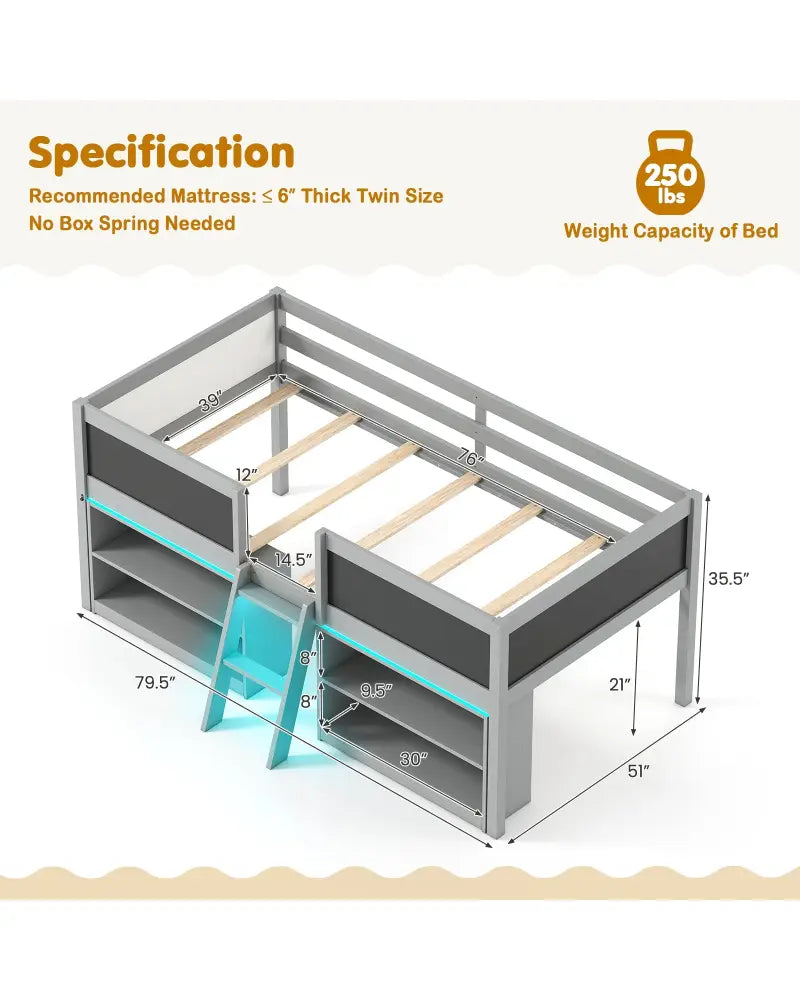 Low Loft Bed with LED Lights Kid’s Cabin Bed with Bookcases-Gray - Gray - Simple Bed Frame