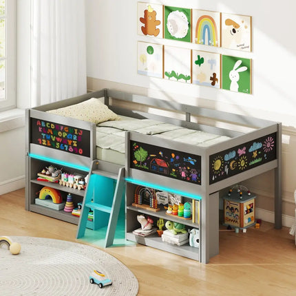 Low Loft Bed with LED Lights Kid’s Cabin Bed with Bookcases-Gray - Gray - Simple Bed Frame