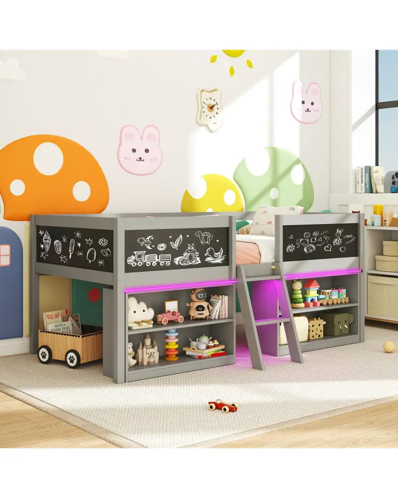 Low Loft Bed with LED Lights Kid’s Cabin Bed with Bookcases-Gray - Gray - Simple Bed Frame