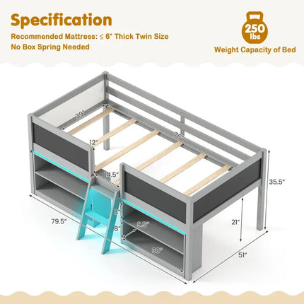 Low Loft Bed with LED Lights Kid’s Cabin Bed with Bookcases-Gray - Gray - Simple Bed Frame
