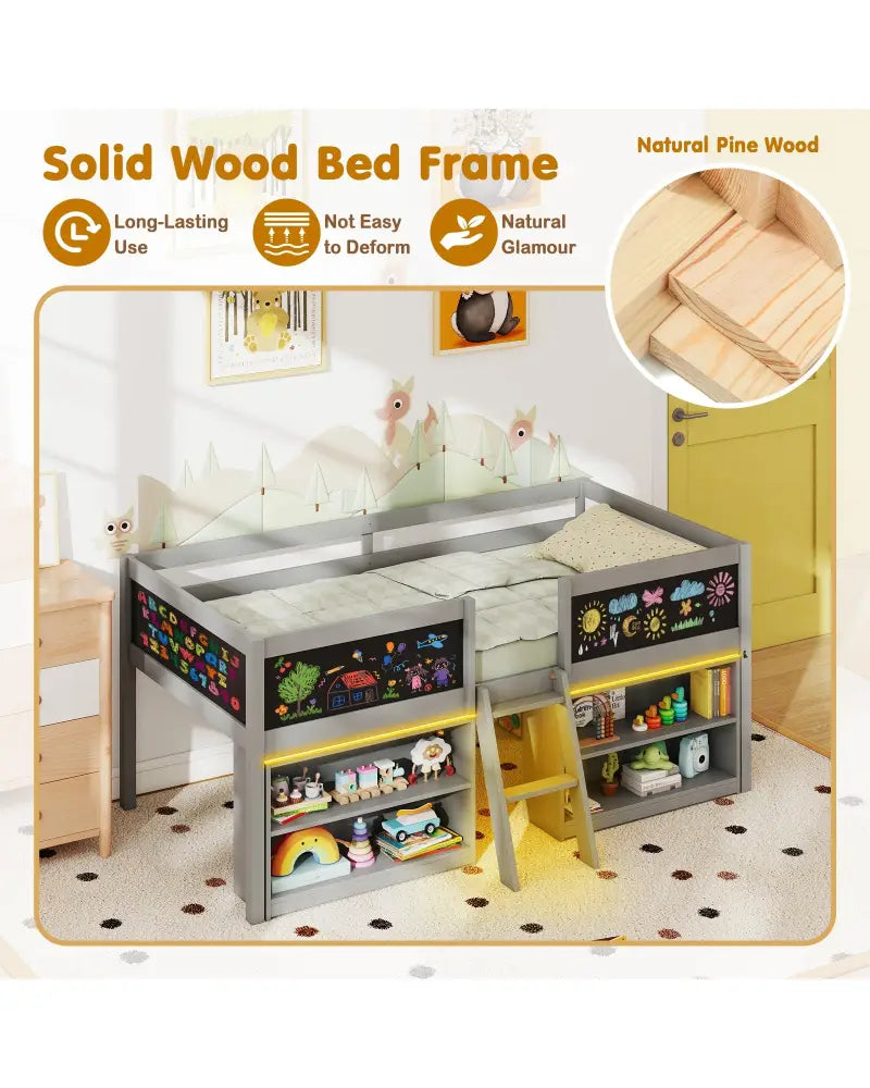 Low Loft Bed with LED Lights Kid’s Cabin Bed with Bookcases-Gray - Gray - Simple Bed Frame