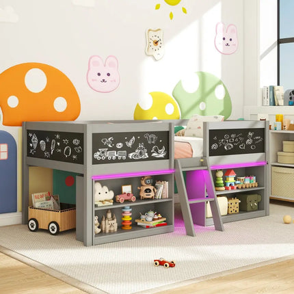 Low Loft Bed with LED Lights Kid’s Cabin Bed with Bookcases-Gray - Gray - Simple Bed Frame
