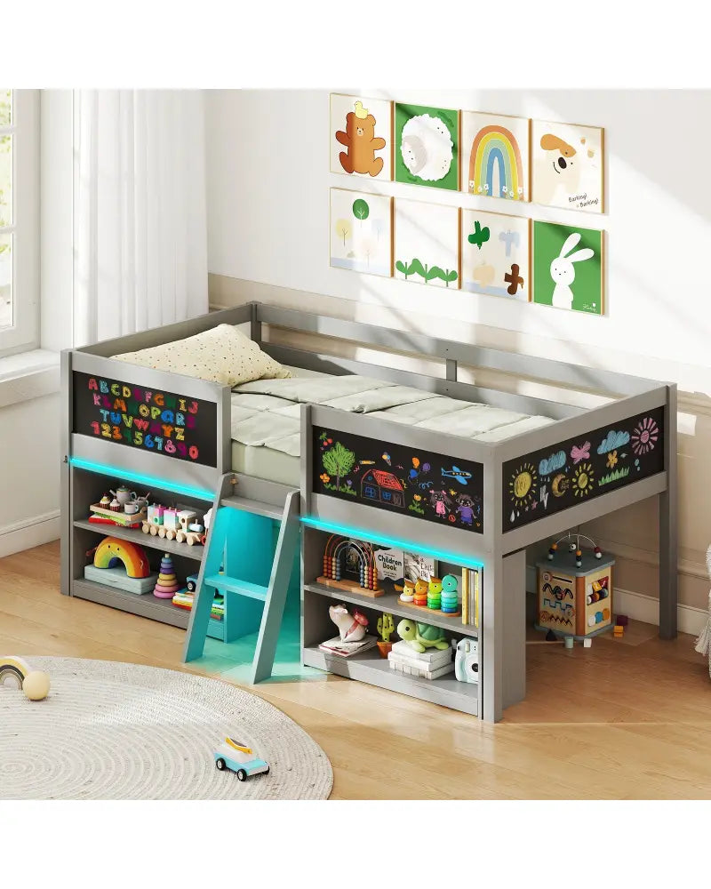 Low Loft Bed with LED Lights Kid’s Cabin Bed with Bookcases-Gray - Gray - Simple Bed Frame
