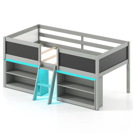 Low Loft Bed with LED Lights Kid’s Cabin Bed with Bookcases-Gray - Gray - Simple Bed Frame