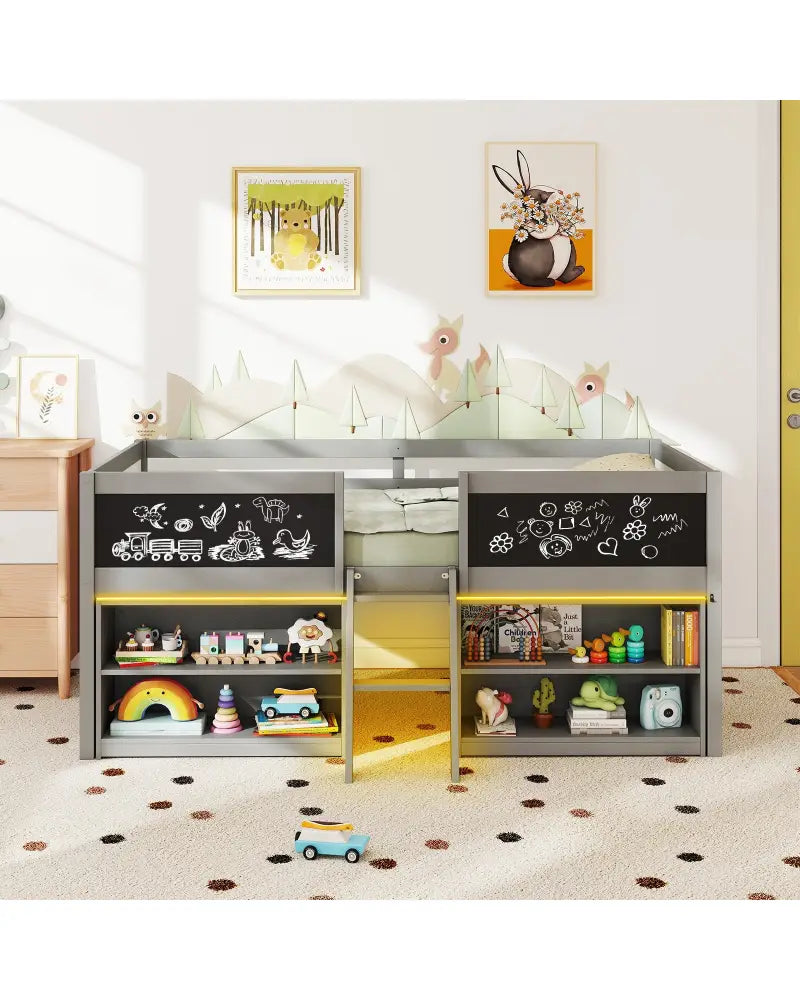 Low Loft Bed with LED Lights Kid’s Cabin Bed with Bookcases-Gray - Gray - Simple Bed Frame