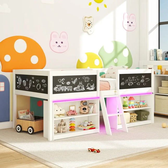 Low Loft Bed with LED Lights Kid’s Cabin Bed with Bookcases-White - White - Simple Bed Frame