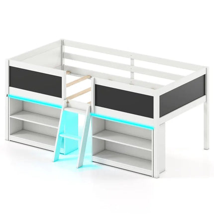 Low Loft Bed with LED Lights Kid’s Cabin Bed with Bookcases-White - White - Simple Bed Frame