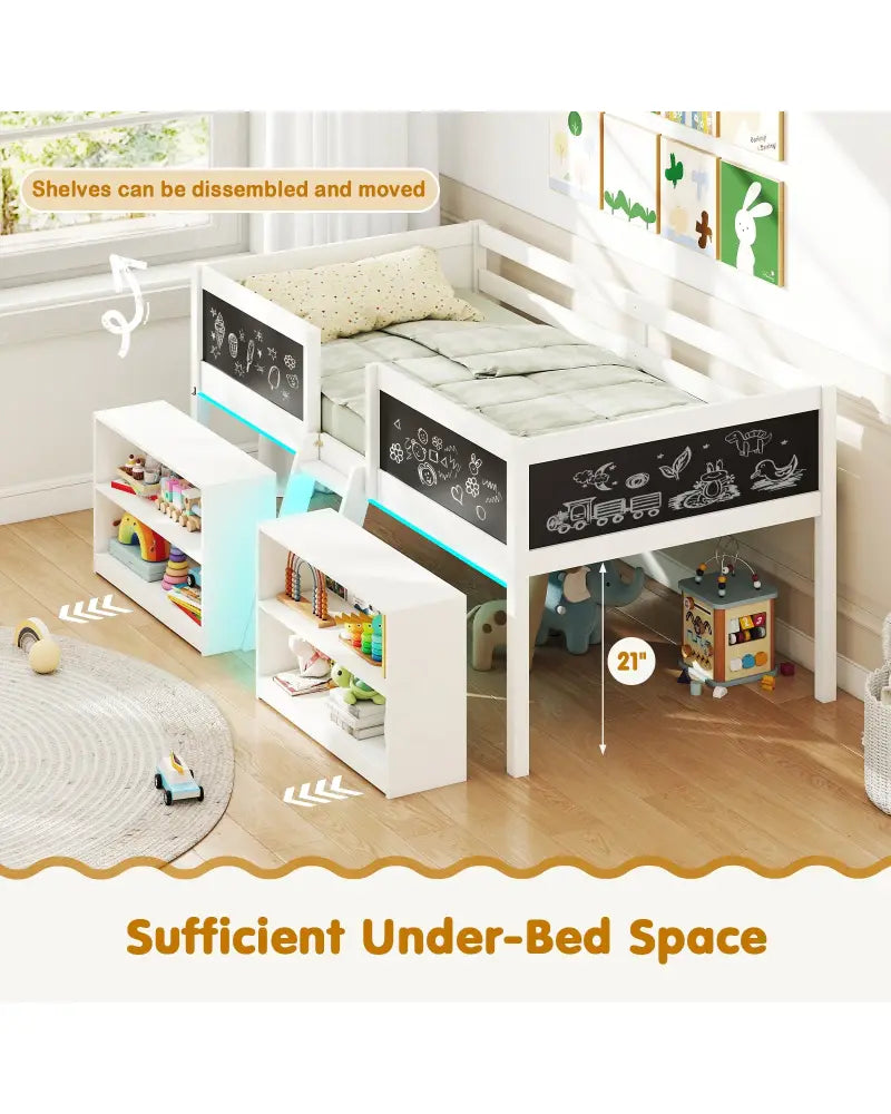 Low Loft Bed with LED Lights Kid’s Cabin Bed with Bookcases-White - White - Simple Bed Frame