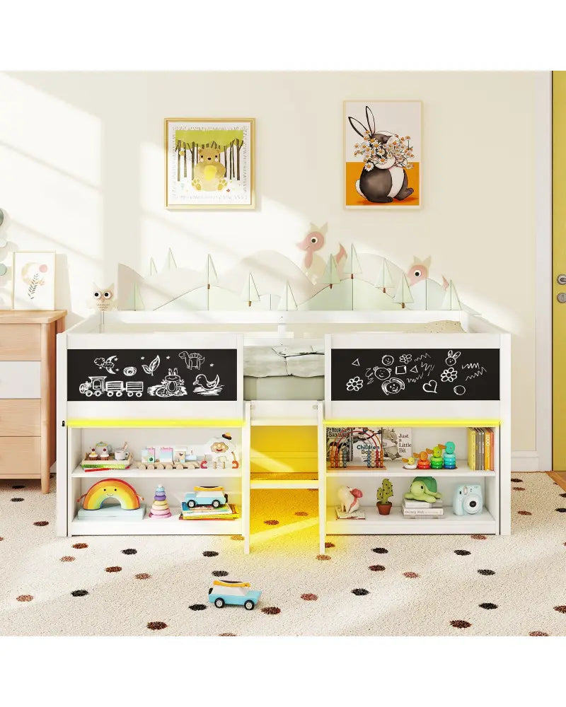 Low Loft Bed with LED Lights Kid’s Cabin Bed with Bookcases-White - White - Simple Bed Frame
