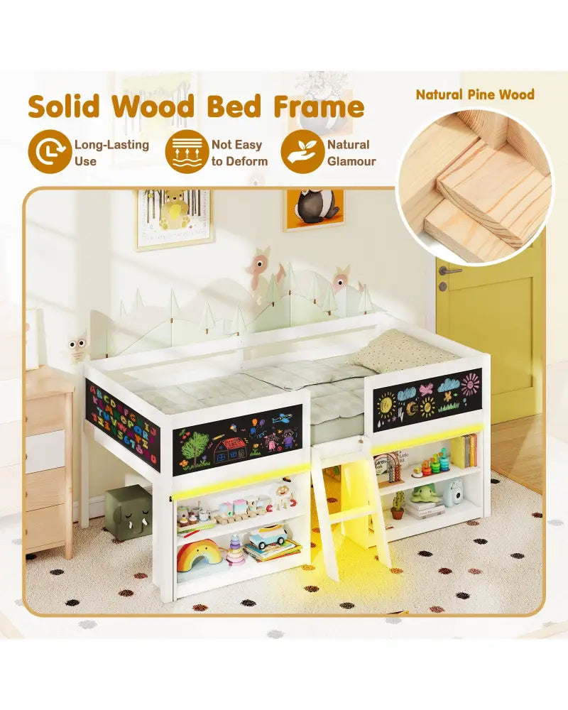 Low Loft Bed with LED Lights Kid’s Cabin Bed with Bookcases-White - White - Simple Bed Frame