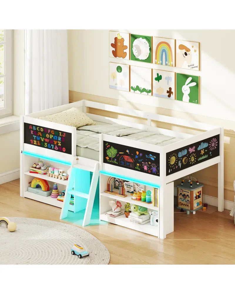 Low Loft Bed with LED Lights Kid’s Cabin Bed with Bookcases-White - White - Simple Bed Frame