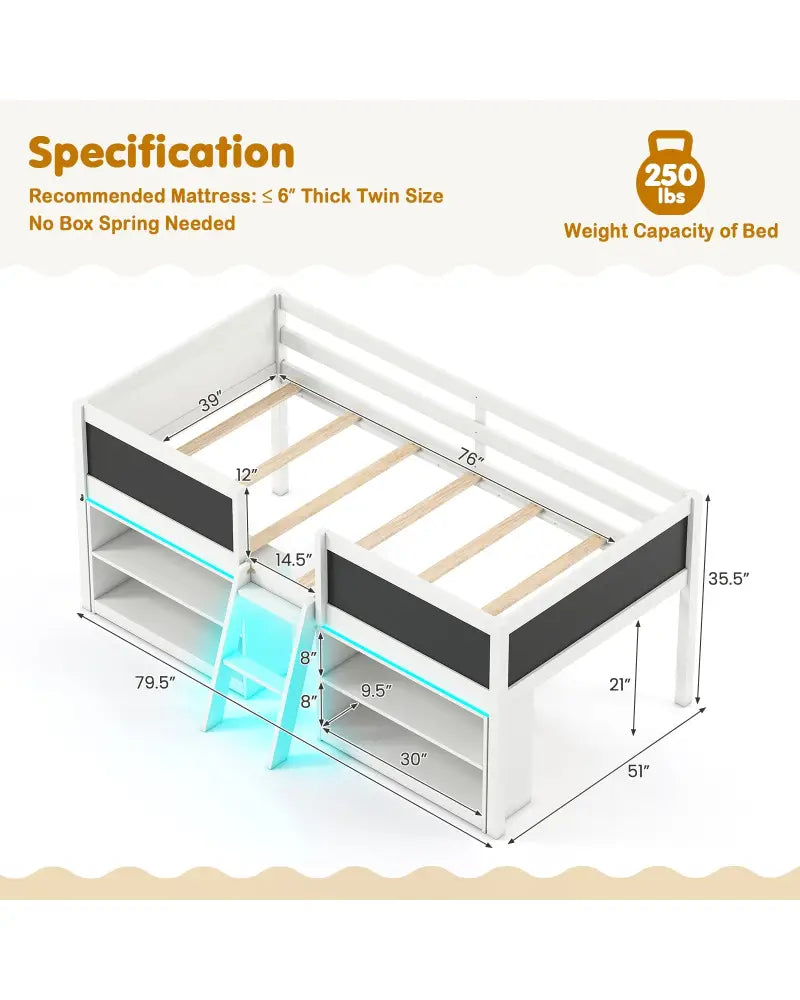 Low Loft Bed with LED Lights Kid’s Cabin Bed with Bookcases-White - White - Simple Bed Frame