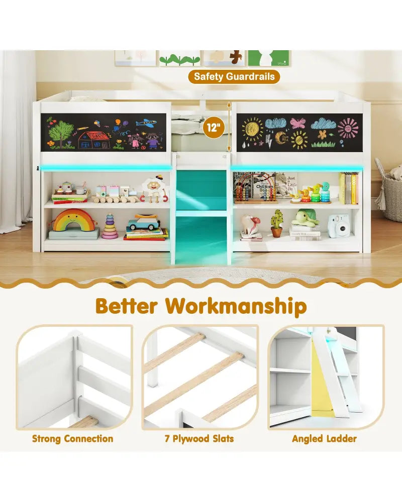 Low Loft Bed with LED Lights Kid’s Cabin Bed with Bookcases-White - White - Simple Bed Frame