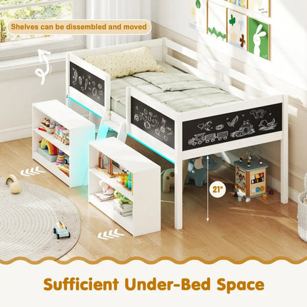 Low Loft Bed with LED Lights Kid’s Cabin Bed with Bookcases-White - White - Simple Bed Frame