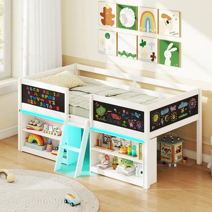 Low Loft Bed with LED Lights Kid’s Cabin Bed with Bookcases-White - White - Simple Bed Frame
