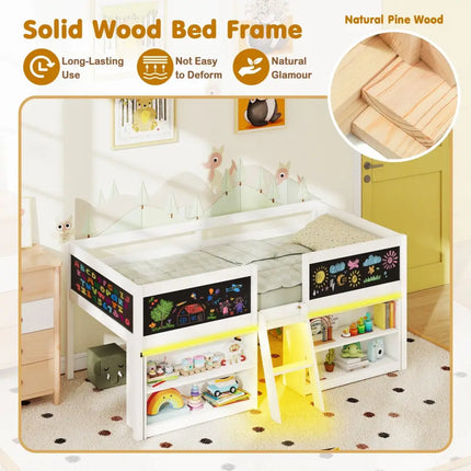 Low Loft Bed with LED Lights Kid’s Cabin Bed with Bookcases-White - White - Simple Bed Frame