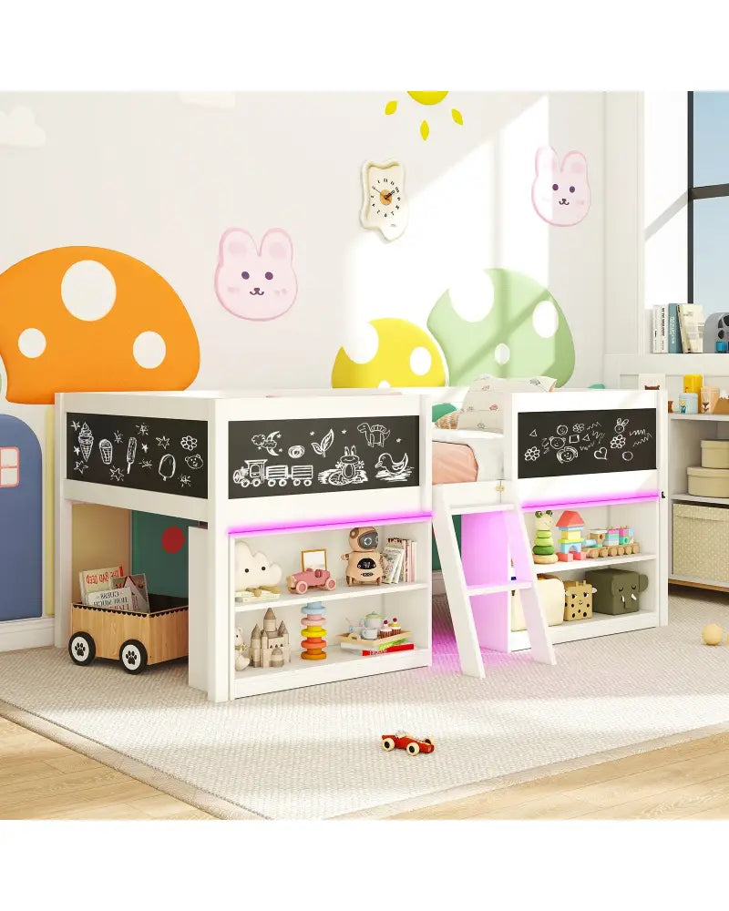 Low Loft Bed with LED Lights Kid’s Cabin Bed with Bookcases-White - White - Simple Bed Frame