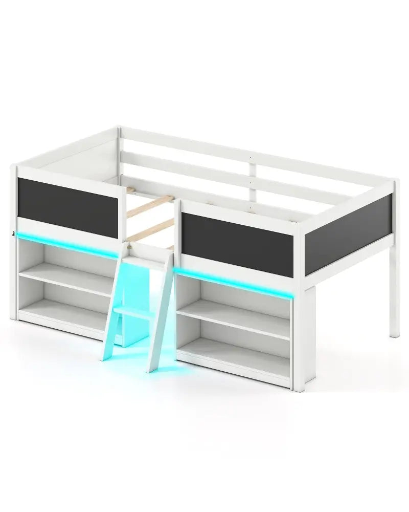 Low Loft Bed with LED Lights Kid’s Cabin Bed with Bookcases-White - White - Simple Bed Frame